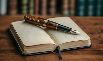 Elegant fountain pen rests on an open notebook, set against a blurred backdrop of bookshelves.  The image evokes a sense of classic writing and contemplation