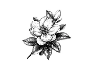 Vintage magnolia illustration, antique botanical engraving, hand-drawn bloom motif, black floral sketch, old-style retro flower print, nature decor artwork,