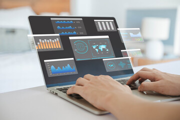 Businessman analysis shows a digital dashboard chart of the financial database. concept of business management, analytics market. Reporting platform overview, CRM system, ai data research