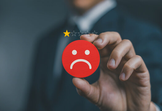 Customer review 1 rating, bad experience. concept of unhappy complaint, service poor, negative feedback. dissatisfaction service, dissatisfied 1 star review. ranking internet online survey
