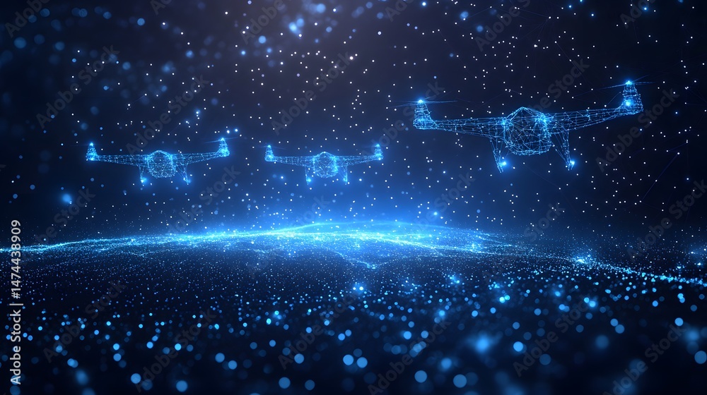 Aufkleber Futuristic blue wireframe drones fly in a digital galaxy. Interconnected lights create a high-tech abstract design, perfect for innovation and technology visuals. Abstract wireframe in dark blue.