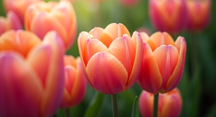 Fototapeta premium Pink tulips in pastel coral tints at blurry background, closeup. Fresh spring flowers in the garden with soft sunlight