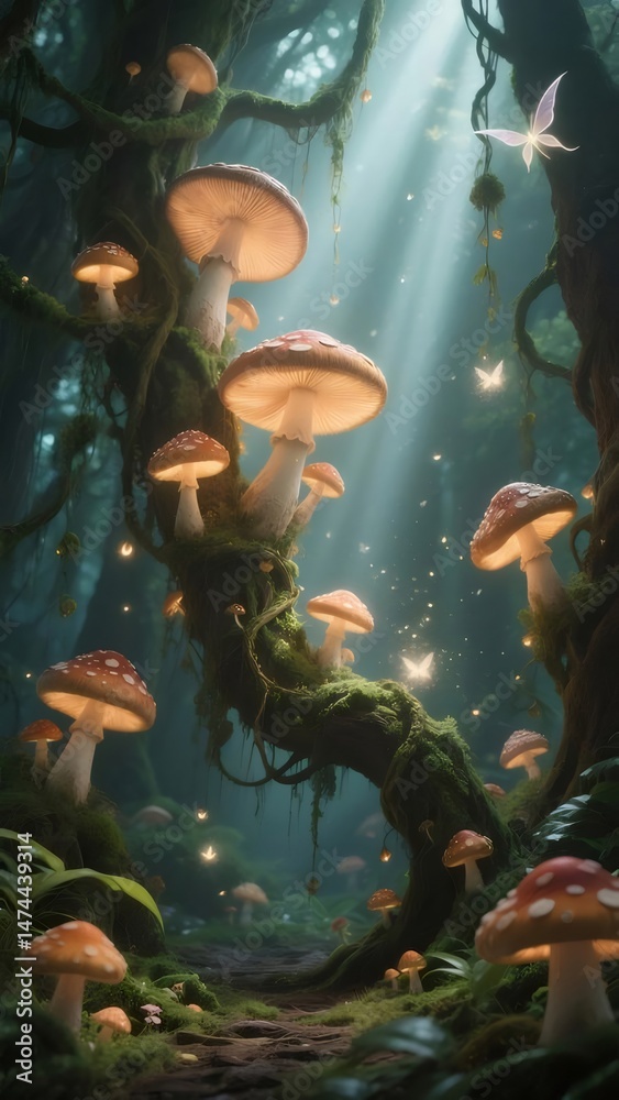 Poster 日の光が差し込む神秘的な森のキノコの妖精の道 緑豊かな緑と苔に覆われた木々 幻想的な魔法の背景