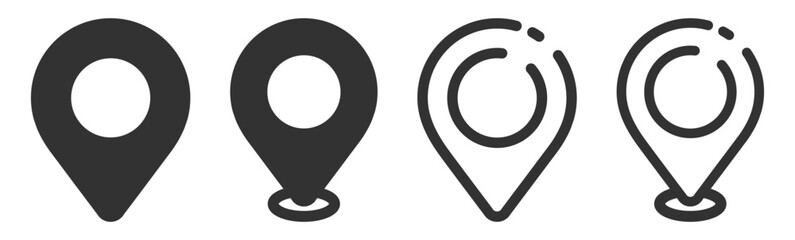 Location Map Pin Icons Set Isolated on Transparent. Flat and Outline GPS Marker Collection, Map Position Pointer Symbol, Black Editable Vector