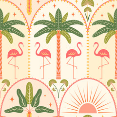 Tropical beach seamless pattern vector illustration. Flamingos, palm trees, sun in Art deco arches on a light background. Summer island vacation vibes repeat tile design in modern symmetrical style
