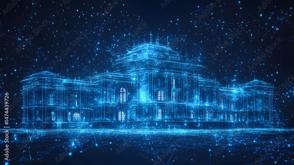 Aufkleber Striking architectural wireframe visualization of a grand building enveloped in a digital network. A captivating blend of tradition and technology. Abstract wireframe in dark blue
