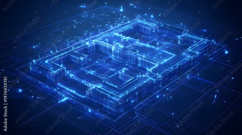 Poster Futuristic network of glowing blue lines connecting architectural structures. A complex system of advanced technology, connectivity, and intricate design. Abstract wireframe in dark blue.