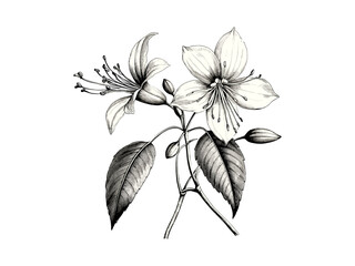 Vintage Fuchsia Flower engraving, hand-drawn botanical sketch, retro floral decor, trendy black floral art, bloom, nature sketch, retro engraving, floral illustration