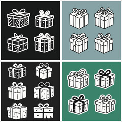 Vector art depicting gifts, displayed in a four-panel grid with varying backgrounds.