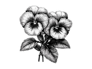 Fototapeta premium Antique Pansy Bloom Illustration, Retro Floral Engraving, Vintage Flower Sketch, Nature Art, Black and White Engraving Style, Floral Decor, Pansy Floral Artwork, Trendy Floral Print
