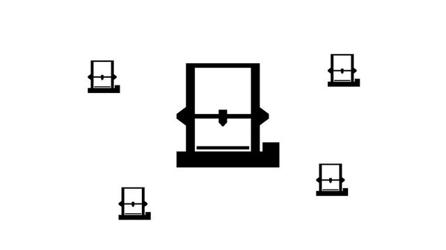 Zoom in and out animation the 3D printer symbol. Large black symbol in the center and four small symbols around. Seamless looped 4k animation on white background