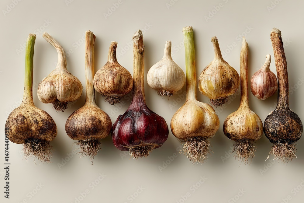 Poster different types of garlic arranged artistically showcasing their unique colors and shapes