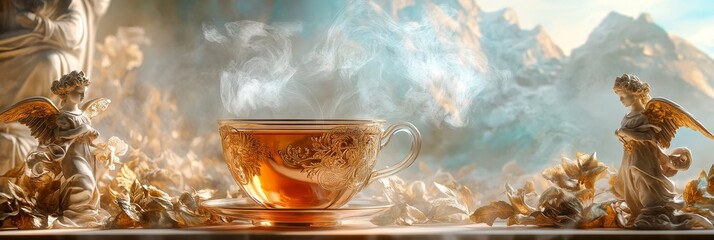 Ornate golden bowl with mountains and figures in the background.