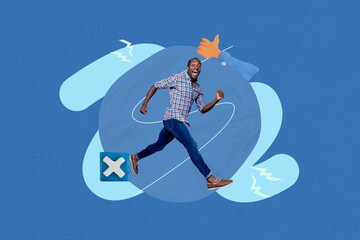 Creative abstract collage of person stand run on blue background with cross thumb up gesture