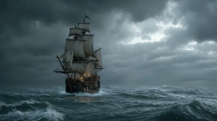 Fototapeta premium A stunning image of huge pirate ship sails on a stormy sea.