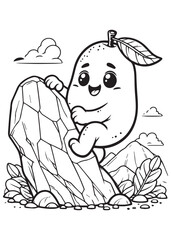 Coloring book mango climbs a rocky mountain. A cute and adventurous scene.