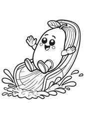 Coloring book mango sliding down a water slide with fun splashes