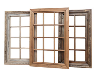 Three Ornate Carved Wooden Window Frames Isolated on transparent background cutout, PNG file, Cutout file