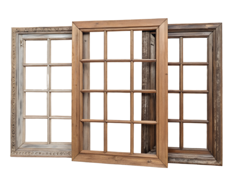 Three Ornate Carved Wooden Window Frames Isolated on transparent background cutout, PNG file, Cutout file
