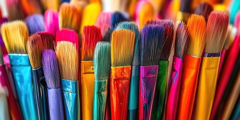 Fototapeta premium Paintbrushes with multicolored paint-dipped bristles aligned in rows.