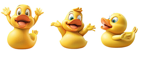 Ducky Toy Set in Three Poses on Transparent Background for Kids Graphics, Toy Illustrations, or Baby-Themed Designs