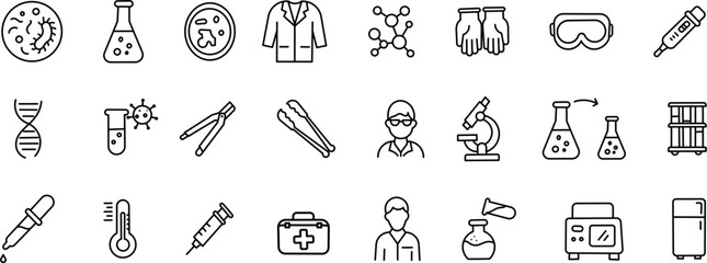 Laboratory Line Icon Set – Science, Research, Chemistry, Experiment, Equipment
