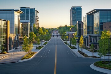 Modern Buildings Landscape along an Empty Urban Street during the Daytime