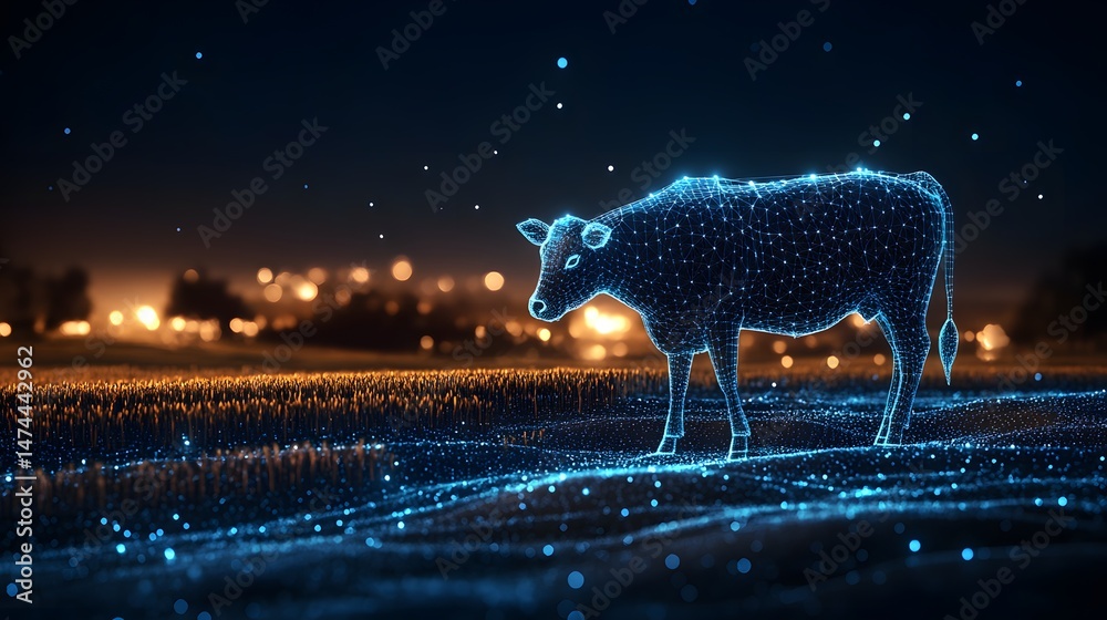 Aufkleber futuristic digital cow outlined in blue stands on a glowing field under a night sky. golden grass an