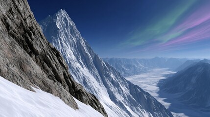 Snowy mountain peak with aurora borealis