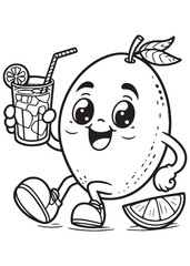 Coloring book mango enjoying a cold drink with ice and an orange slice