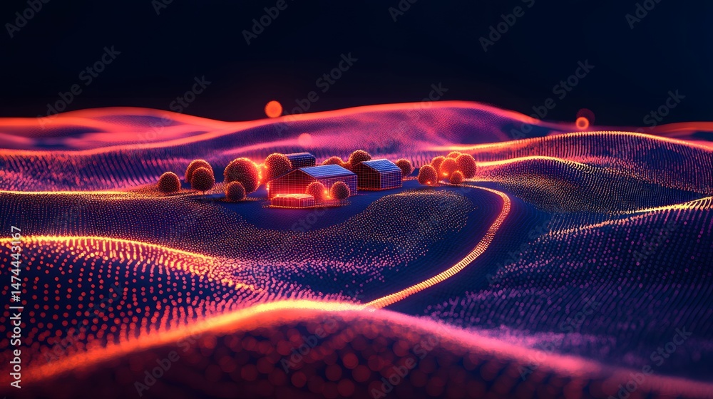Poster a mesmerizing digital landscape unfolds, with illuminated dots forming hills, valleys, and houses. a