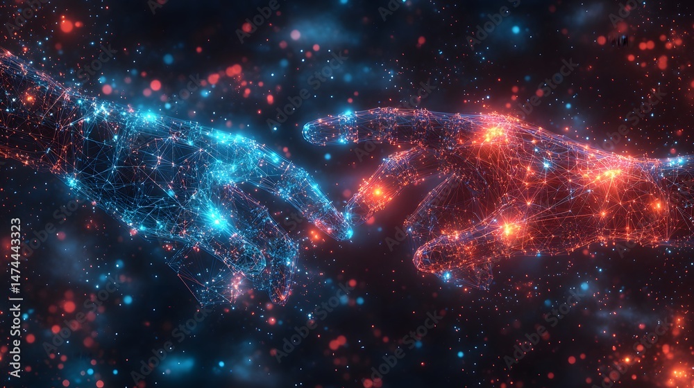 Poster Futuristic hands connect, glowing blue and red against a cosmic backdrop. Digital networks symbolize unity in the vast space, creating a technological embrace. Abstract wireframe in dark blue.