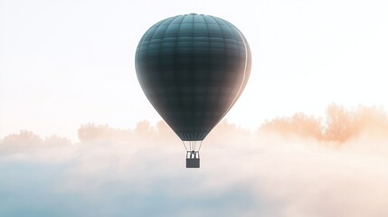 Dark gray hot air balloon soars through misty morning.