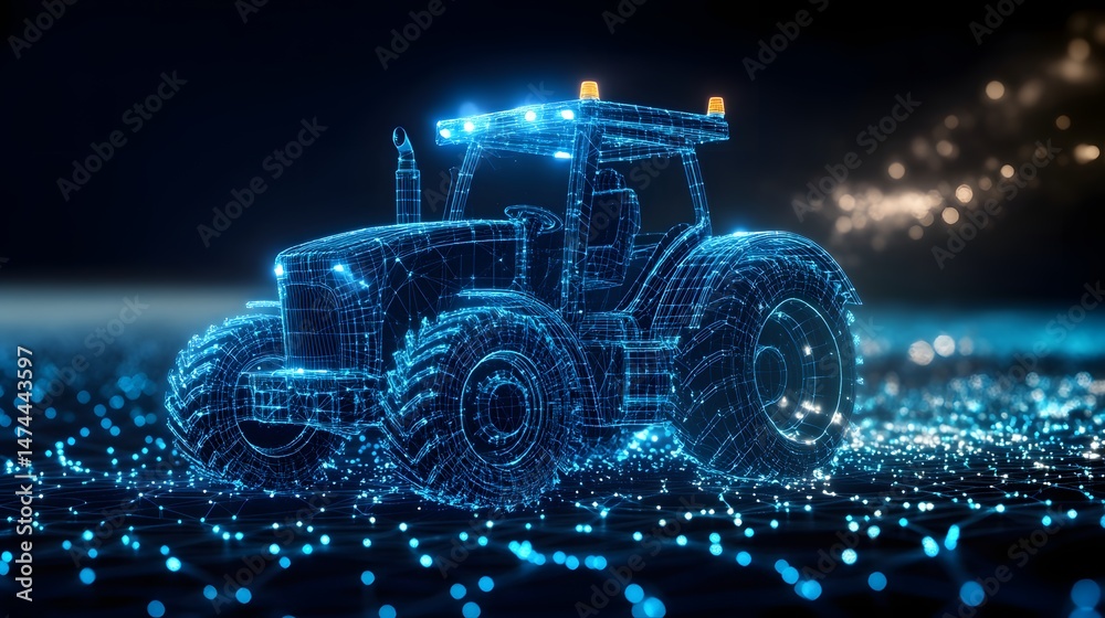 Aufkleber Futuristic blue wireframe tractor. Glowing network of dots creates a digital ground. Bokeh lights add depth to the dark backdrop. Abstract wireframe in dark blue.