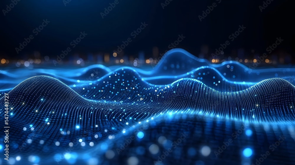 Leinwandbilder digital landscape with glowing blue grid waves evokes technology and urban connectivity. distant cit