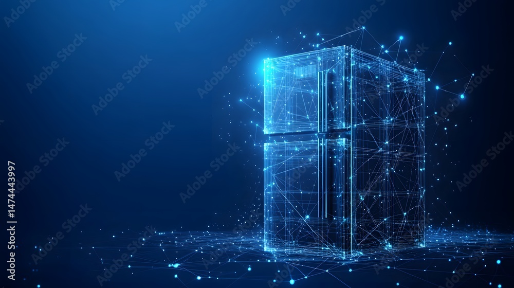 Poster futuristic refrigerator design. abstract wireframe model, glowing blue lines. high-tech appliance co