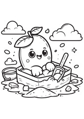 Coloring book mango playing in a sandbox with a bucket and shovel