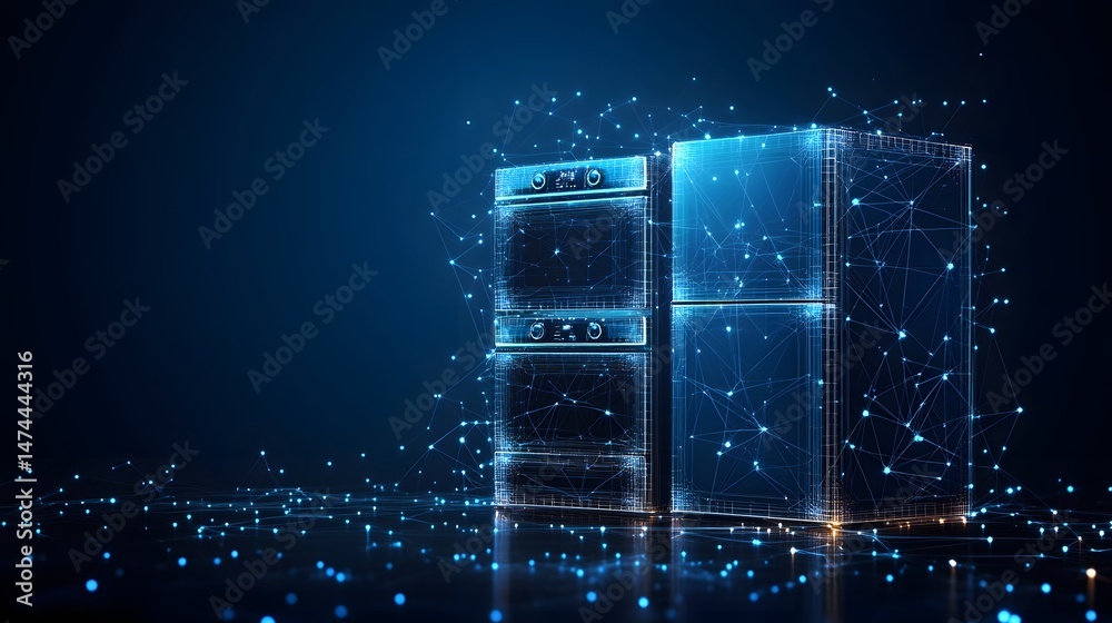 Aufkleber futuristic kitchen appliances glow with digital networks in a dark blue space. oven and refrigerator