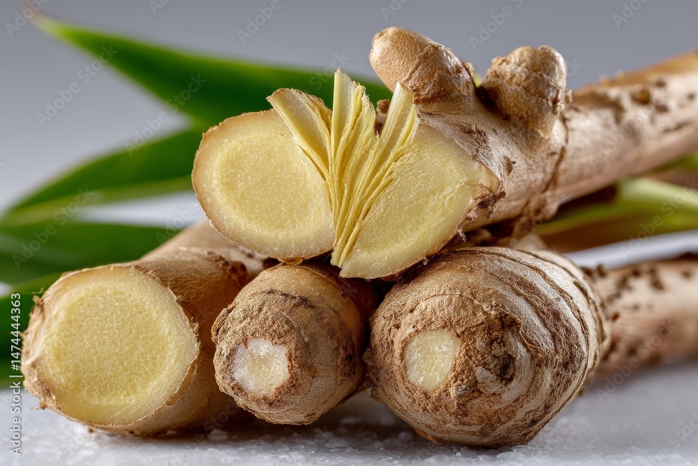 Poster Fresh ginger root with sliced sections and green leaves displayed on a light surface in a well-lit setting