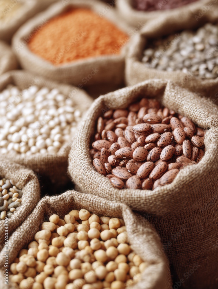 Poster Close-up View of Assorted Grains and Legumes in Burlap Sacks Displayed in a Bright Setting
