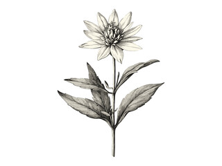 Vintage engraving of edelweiss flower, hand-drawn alpine botanical sketch, antique floral print, black sketch, old engraving style, trendy nature decor motif, mountain flower art, rustic decor