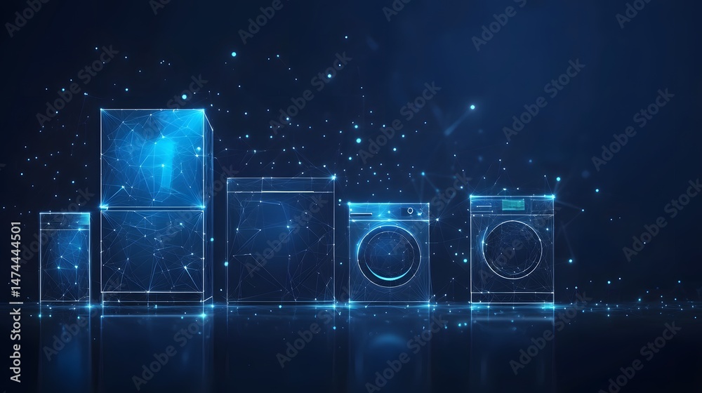 Aufkleber futuristic tech showcases glowing wireframe appliances. abstract presentation of everyday objects in