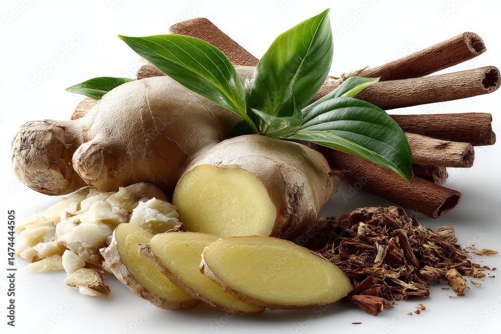 Poster fresh ginger root with sliced pieces and aromatic leaves arranged on a white background