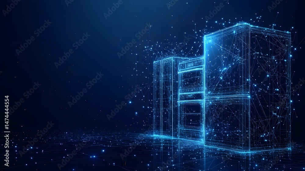 Leinwandbilder futuristic data center rendering featuring server racks connected by glowing blue lines against a de