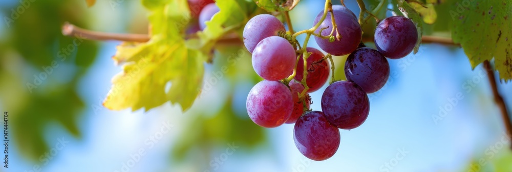 Poster clusters of fresh grapes growing on vine under a soft gradient sky during late afternoon with lush g