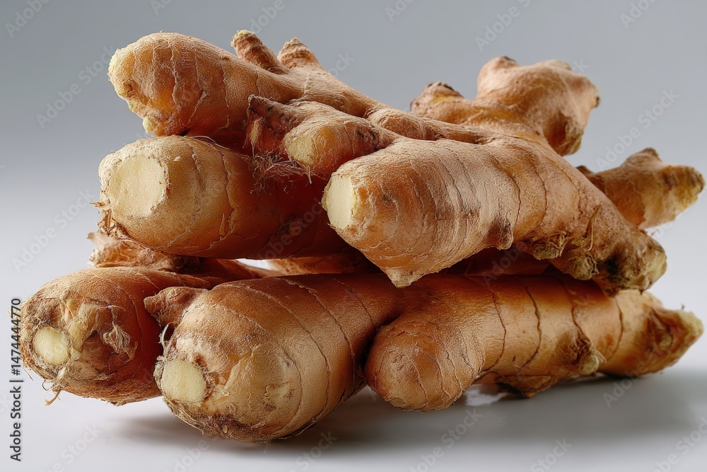 Poster Fresh ginger root displayed on a plain background highlighting its textured surface and earthy tones