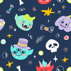 Vector Halloween cute monsters seamless pattern featuring a playful and spooky kawaii characters with a whimsical design, perfect for kids and holiday textile and decoration