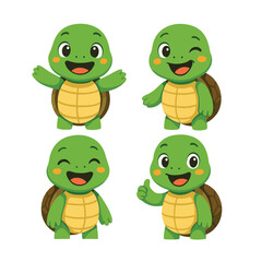 Obraz premium A delightful set of four cartoon turtle illustrations featuring a green turtle with a yellow shell and cheerful facial expressions.