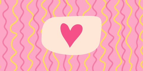 Vector hand-drawn minimalist cover template with pastel pink and yellow tones, wavy vertical lines and a pink heart. Trendy, playful designs for social media, stationery, and branding. Valentine's day