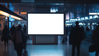 Vertical lightbox display mockup, people walking past with suitcases